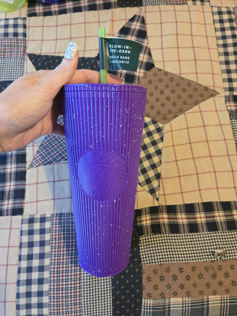 Starbucks Purple Glitter Glow-in-the-Dark Reusable Cup with Green Straw